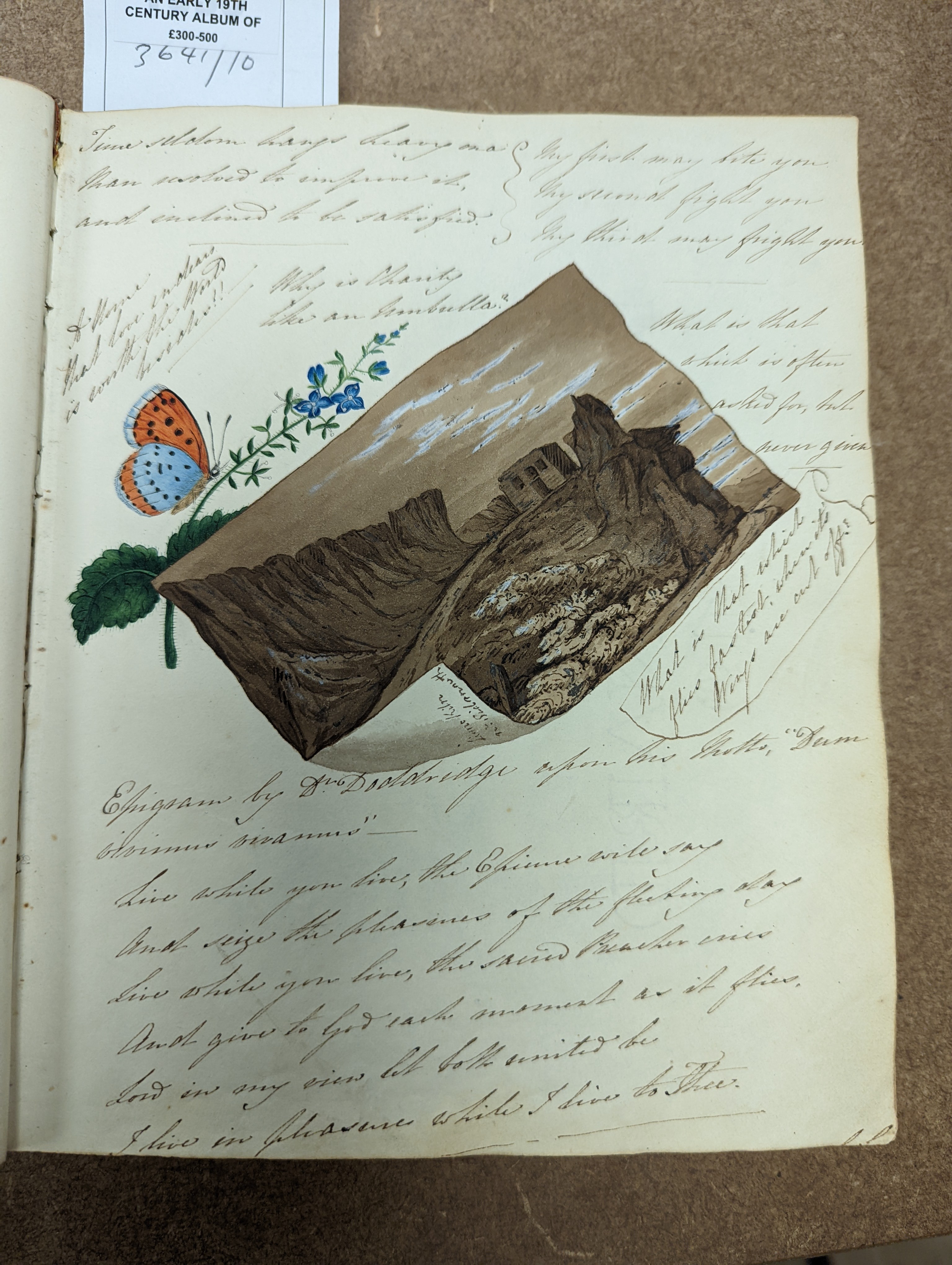 An early 19th century album of 152 watercolours, and pencil and ink drawings, including natural history still life subjects, land and seascapes and vignettes, many with accompanying verse and prose, by approximately 30 d